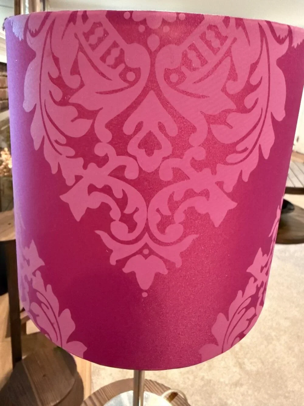 Purple Damask Stick Lamp w/Silver Metal Base & Pull Chain, Modern Table Lamp